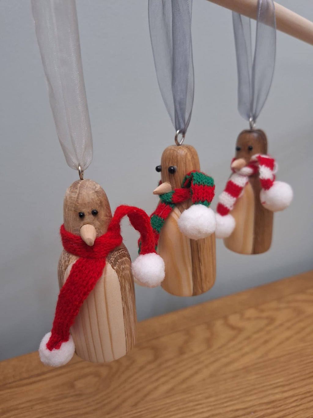 Set of 3 wood turned penguin tree hangers