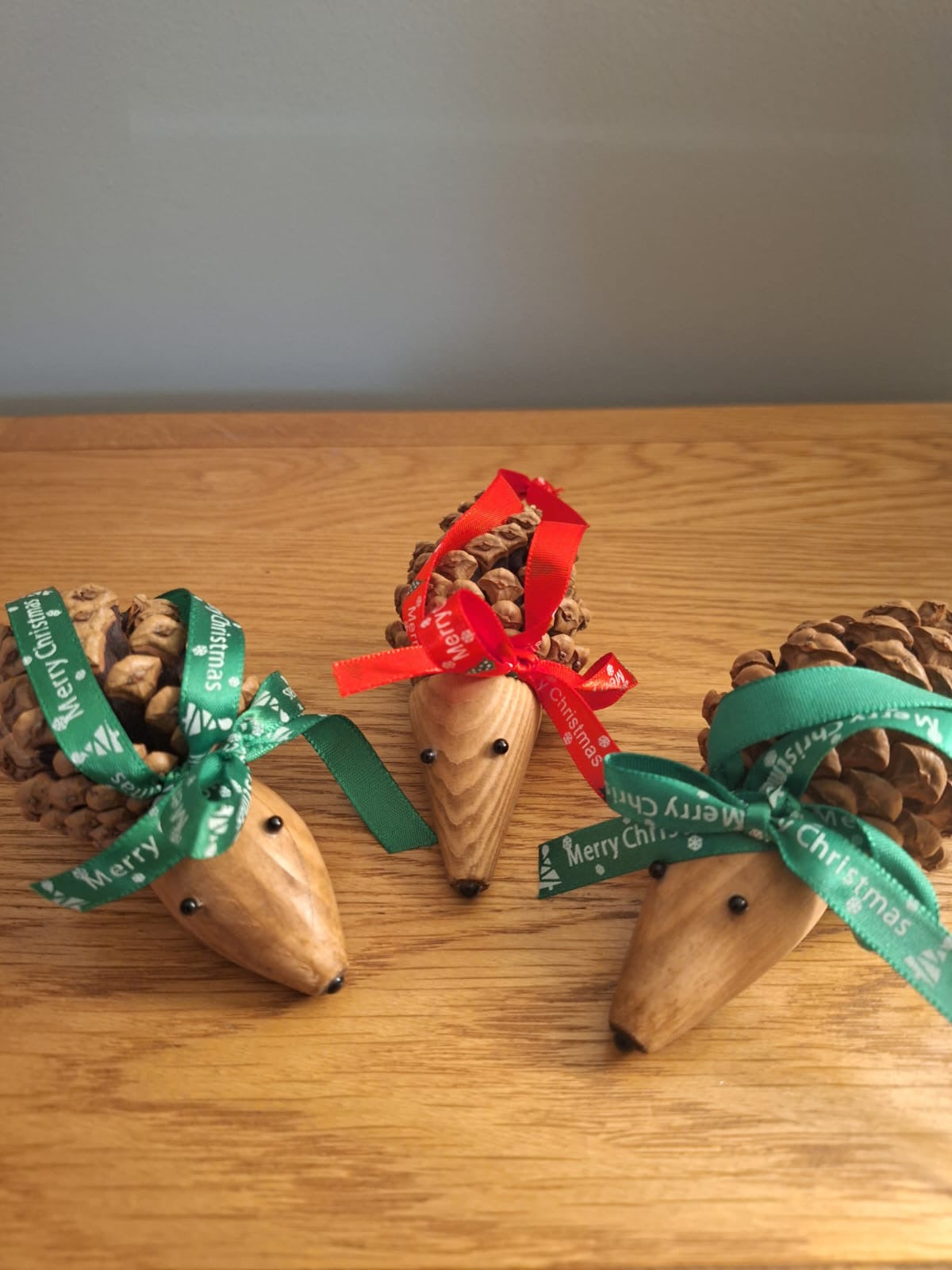 Set of 3 wood turned tree hanging hedgehogs