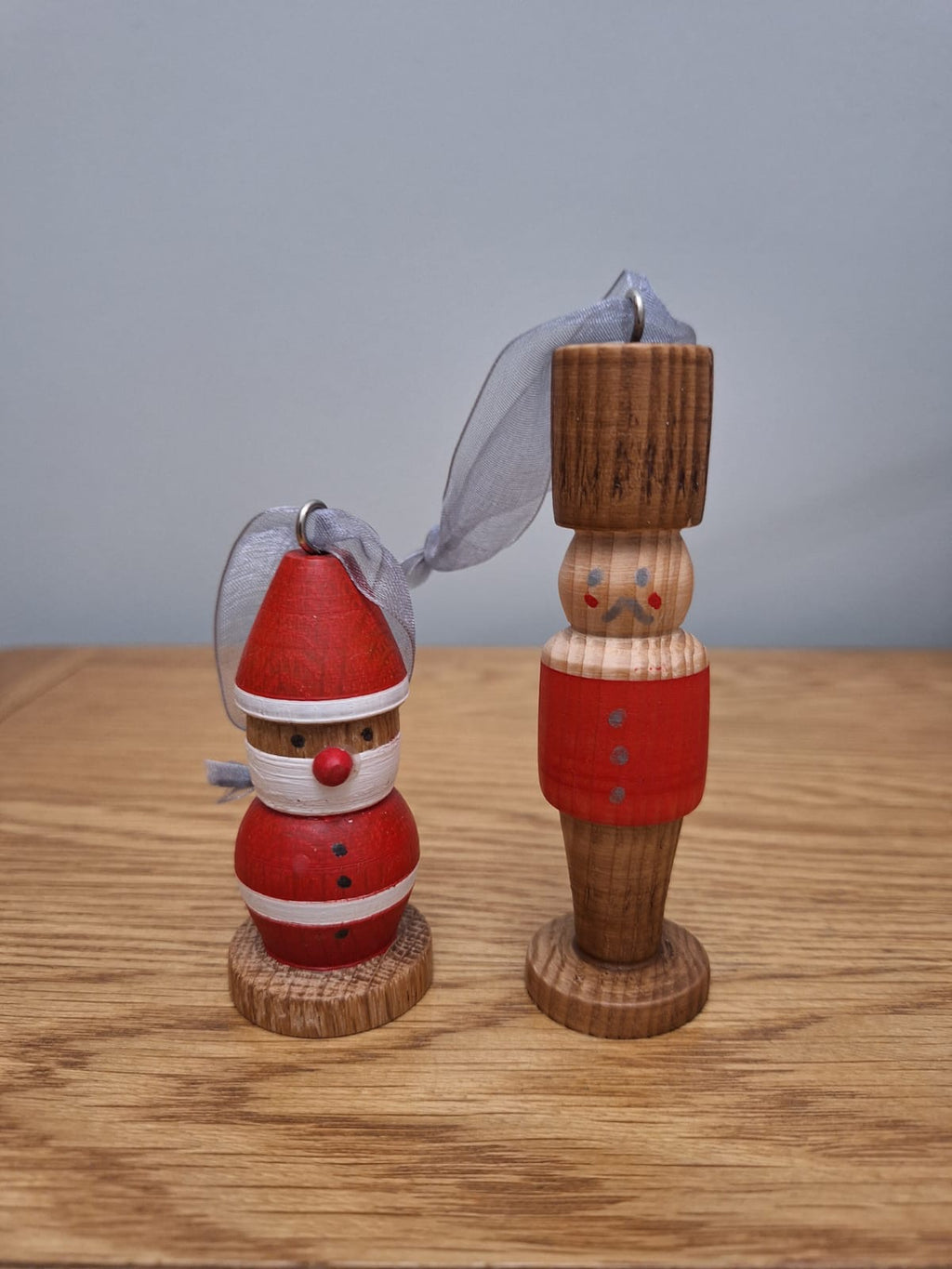 Oak wood turned santa and soldier tree hangers