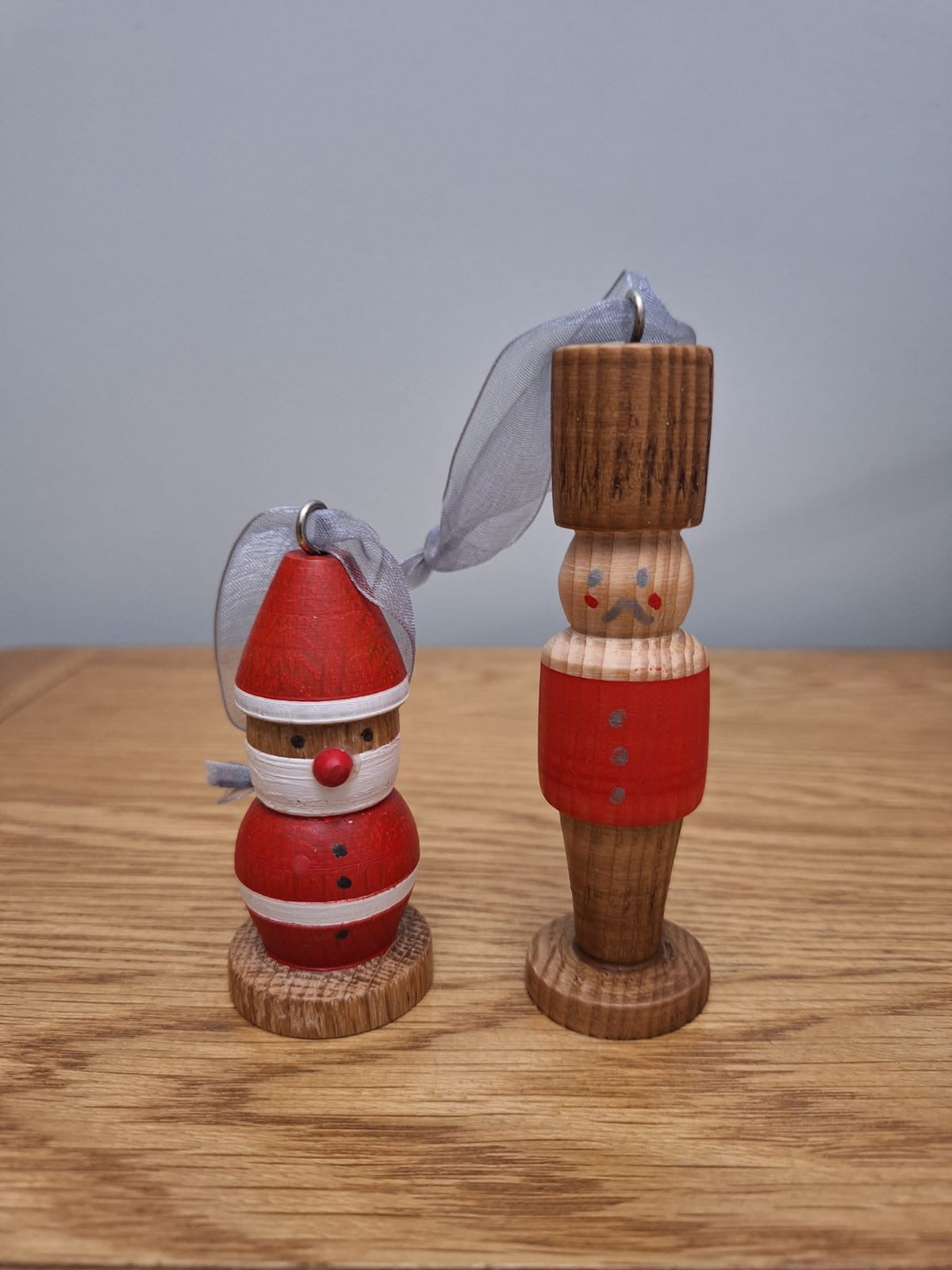 Oak wood turned santa and soldier tree hangers