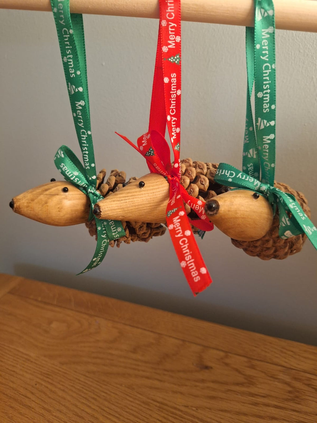 Set of 3 wood turned tree hanging hedgehogs