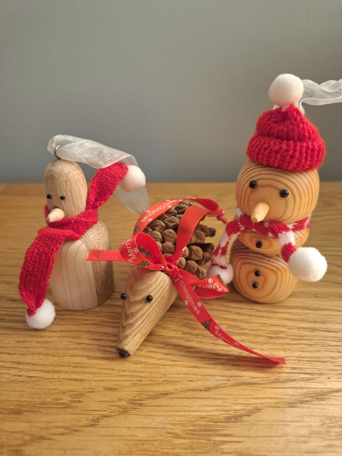 Set of 3 wood turned penguin, snowman and hedgehog