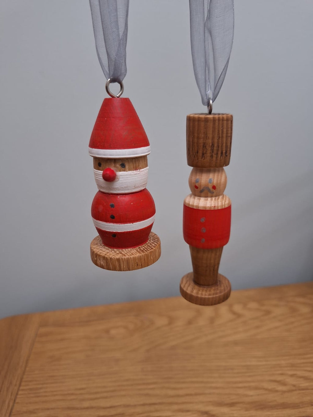 Oak wood turned santa and soldier tree hangers