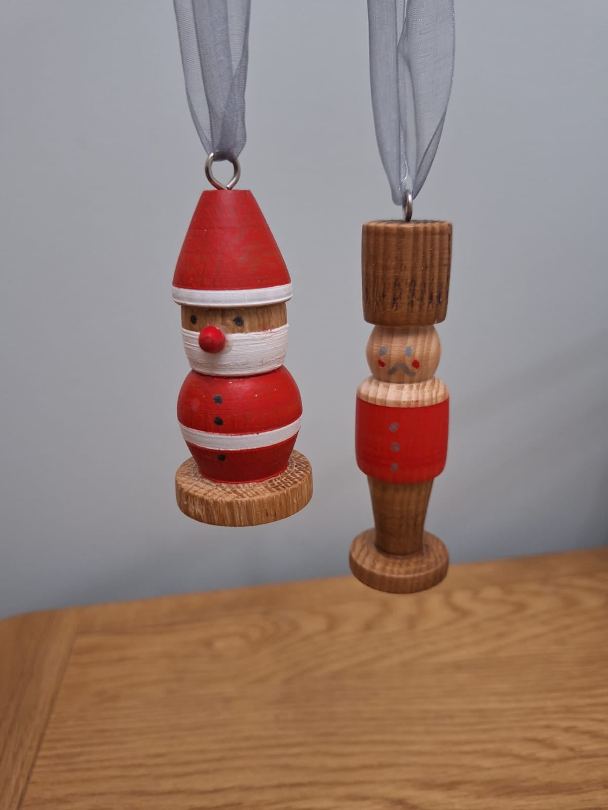 Oak wood turned santa and soldier tree hangers