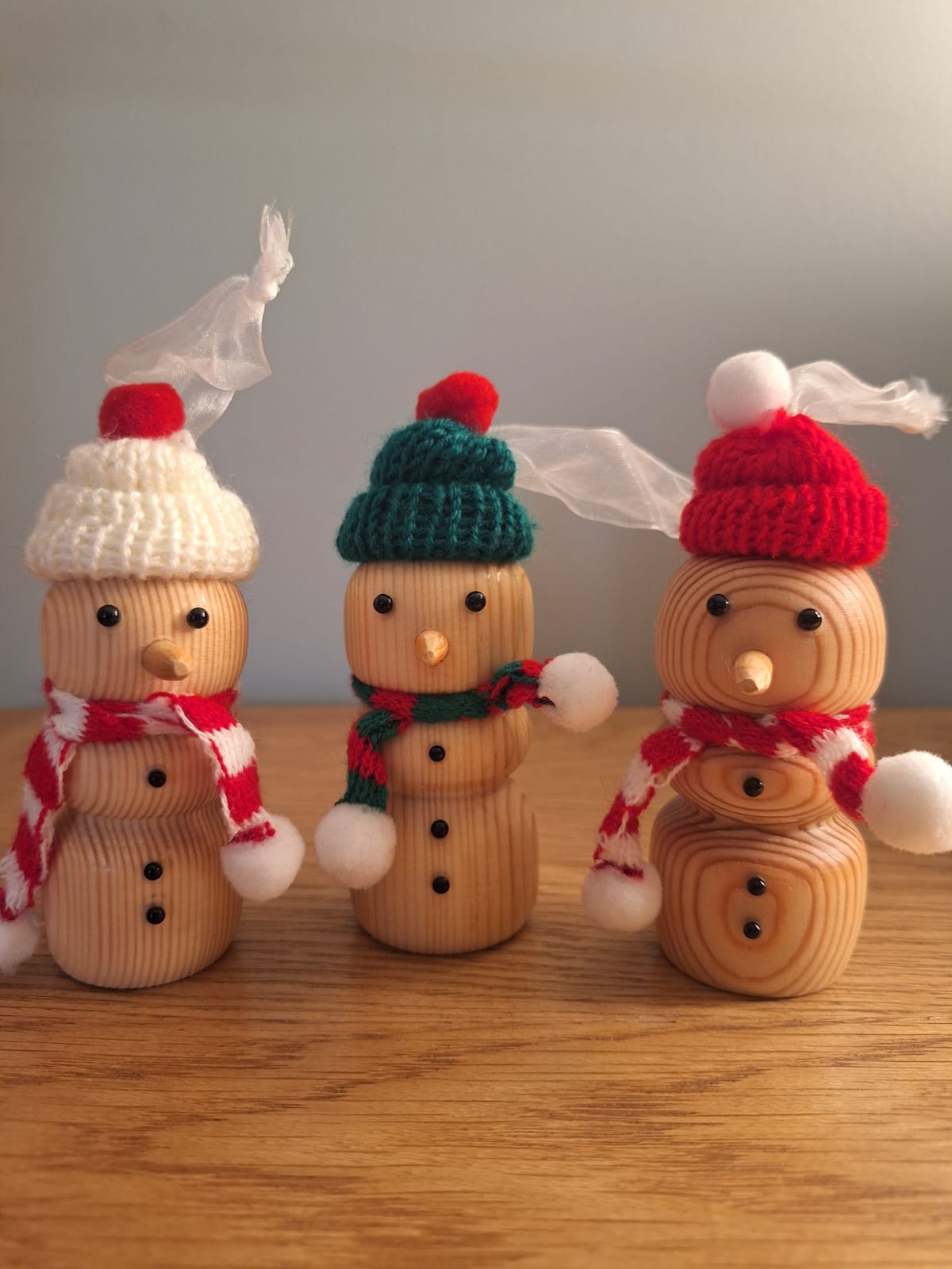 Set of 3 wood turned snowman tree hangers
